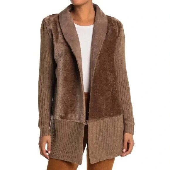 CENY NEW $92 Ribbed Faux Suede Drape Open Cardigan in Fawn XS - Picture 1 of 3
